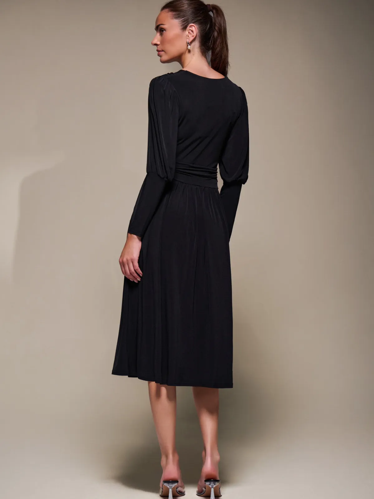 Jolie Moi Occasion Dresses|Jersey Dresses-Puff Long Sleeve Jersey Midi Dress, Black