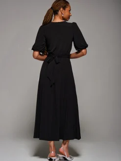 Jolie Moi Occasion Dresses|Jersey Dresses-Puff Sleeve Jersey Maxi Dress, Black