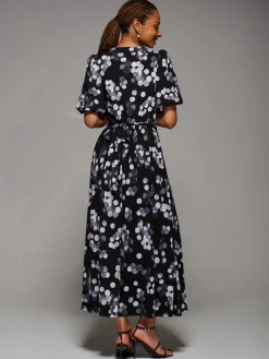 Jolie Moi Occasion Dresses|Jersey Dresses-Puff Sleeve Jersey Maxi Dress, Black Spot