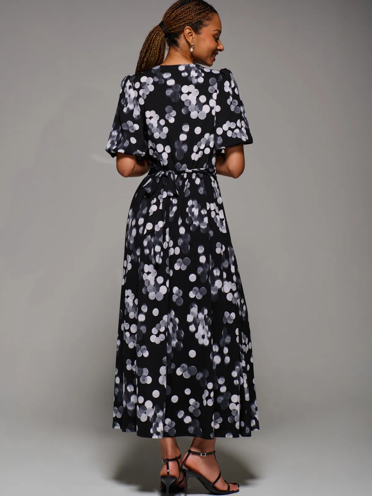 Jolie Moi Occasion Dresses|Jersey Dresses-Puff Sleeve Jersey Maxi Dress, Black Spot