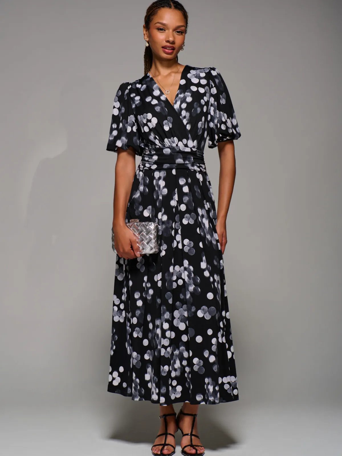 Jolie Moi Occasion Dresses|Jersey Dresses-Puff Sleeve Jersey Maxi Dress, Black Spot