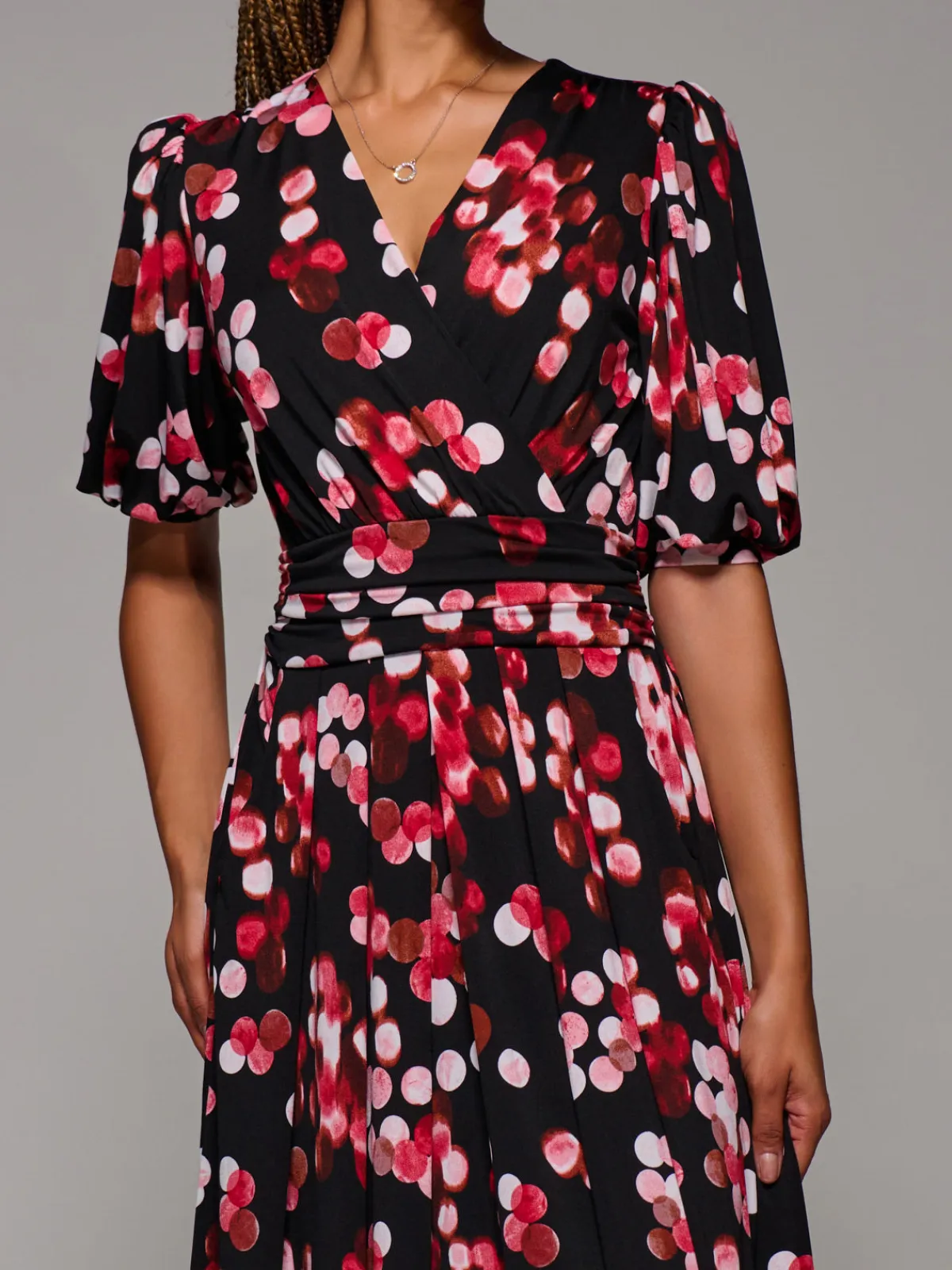 Jolie Moi Occasion Dresses|Jersey Dresses-Puff Sleeve Jersey Maxi Dress, Red Spot