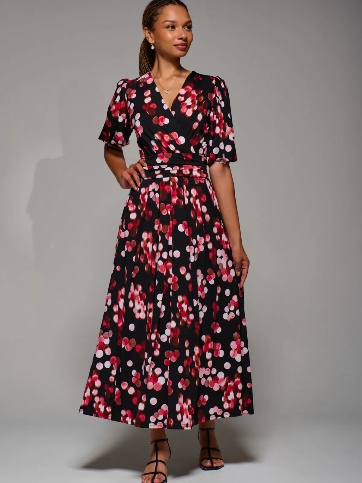 Jolie Moi Occasion Dresses|Jersey Dresses-Puff Sleeve Jersey Maxi Dress, Red Spot