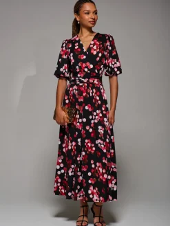 Jolie Moi Occasion Dresses|Jersey Dresses-Puff Sleeve Jersey Maxi Dress, Red Spot