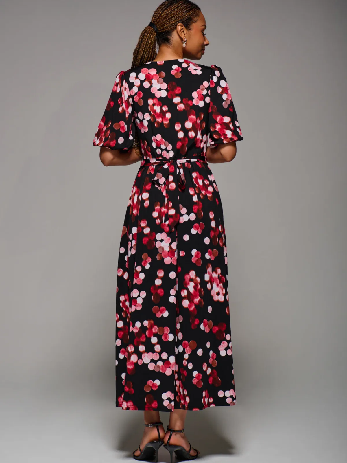 Jolie Moi Occasion Dresses|Jersey Dresses-Puff Sleeve Jersey Maxi Dress, Red Spot
