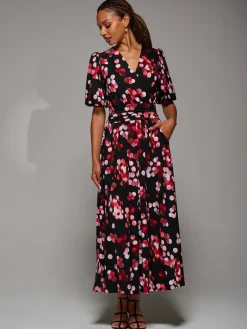 Jolie Moi Occasion Dresses|Jersey Dresses-Puff Sleeve Jersey Maxi Dress, Red Spot