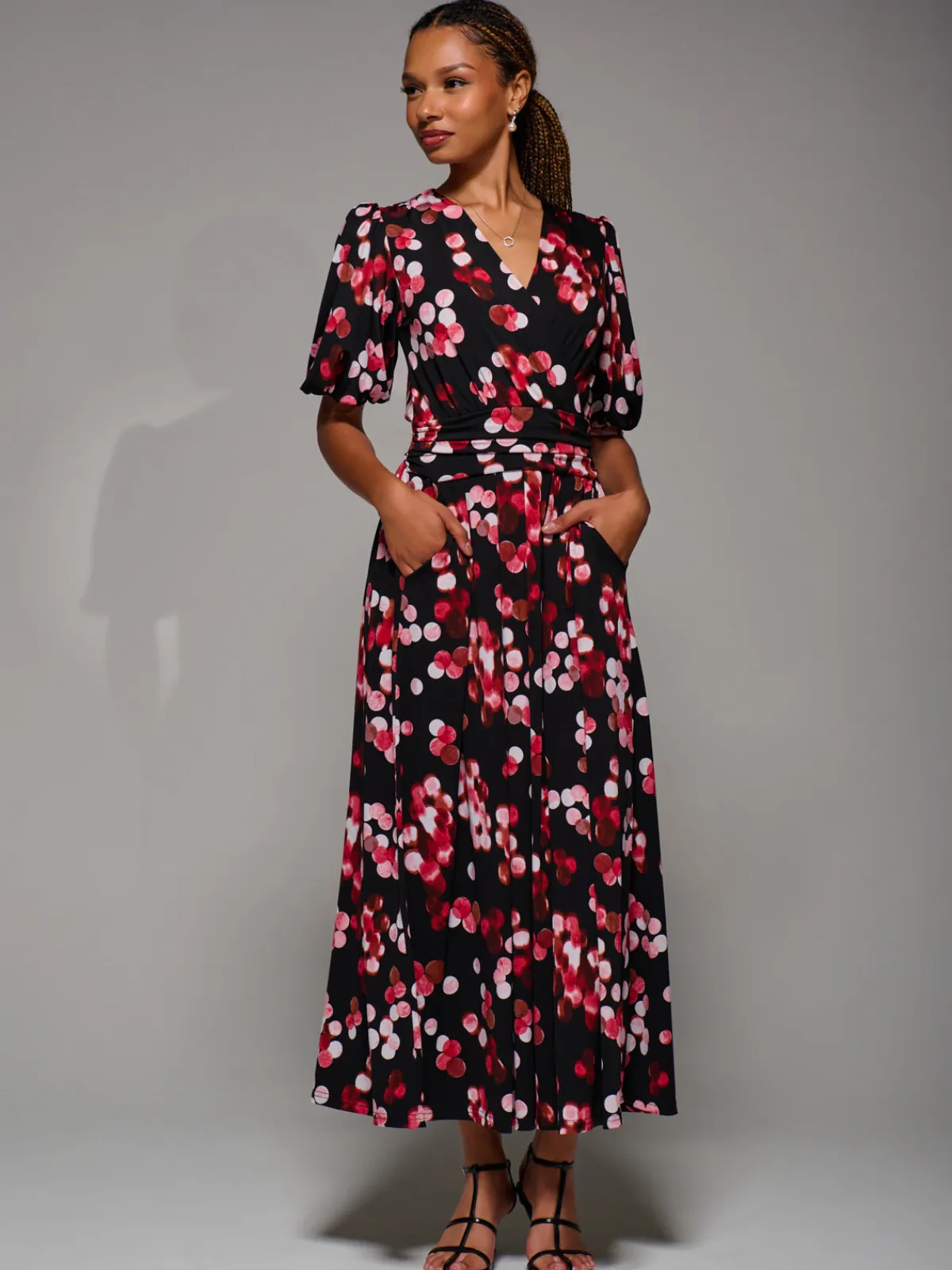 Jolie Moi Occasion Dresses|Jersey Dresses-Puff Sleeve Jersey Maxi Dress, Red Spot