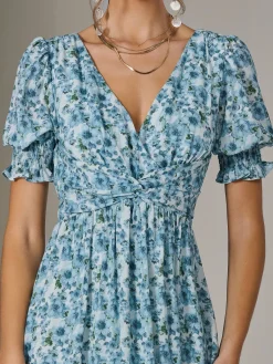 Jolie Moi Floral Dresses|Midi Dresses-Puff Sleeve Midi Dress, Blue Floral