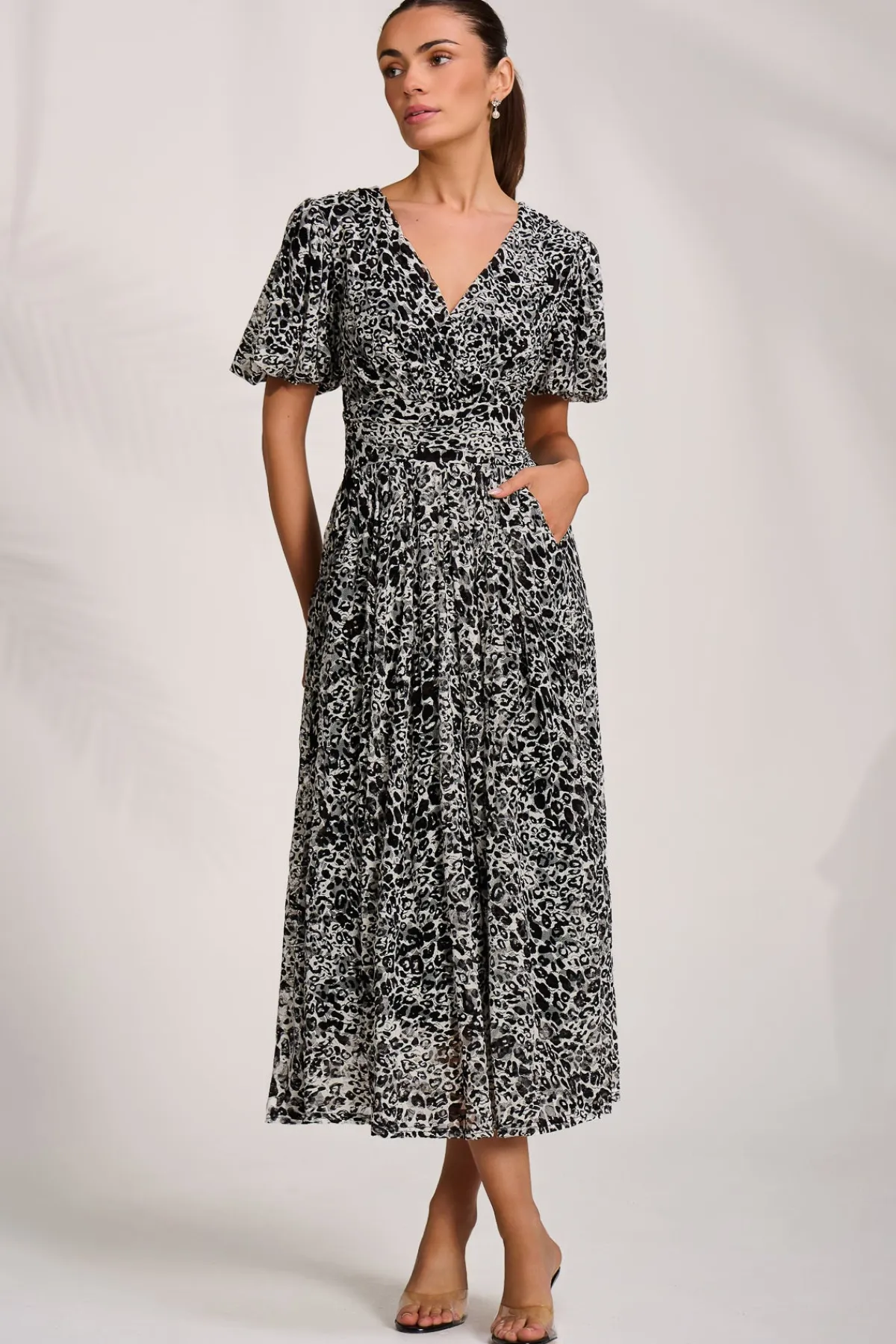 Jolie Moi Occasion Dresses|Weekend Casuals-Puff Sleeve Printed Lace Maxi Dress, Black Animal