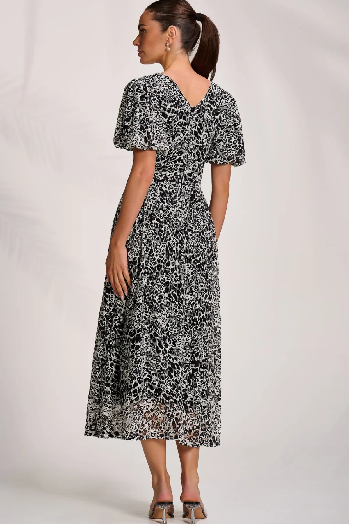 Jolie Moi Occasion Dresses|Weekend Casuals-Puff Sleeve Printed Lace Maxi Dress, Black Animal