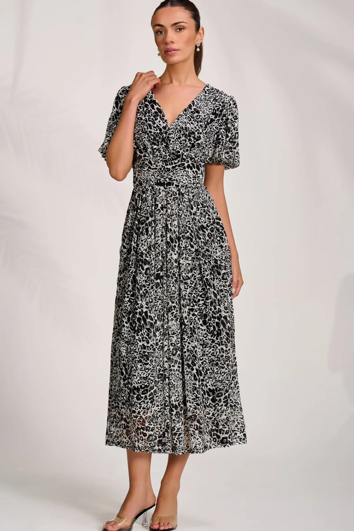 Jolie Moi Occasion Dresses|Weekend Casuals-Puff Sleeve Printed Lace Maxi Dress, Black Animal