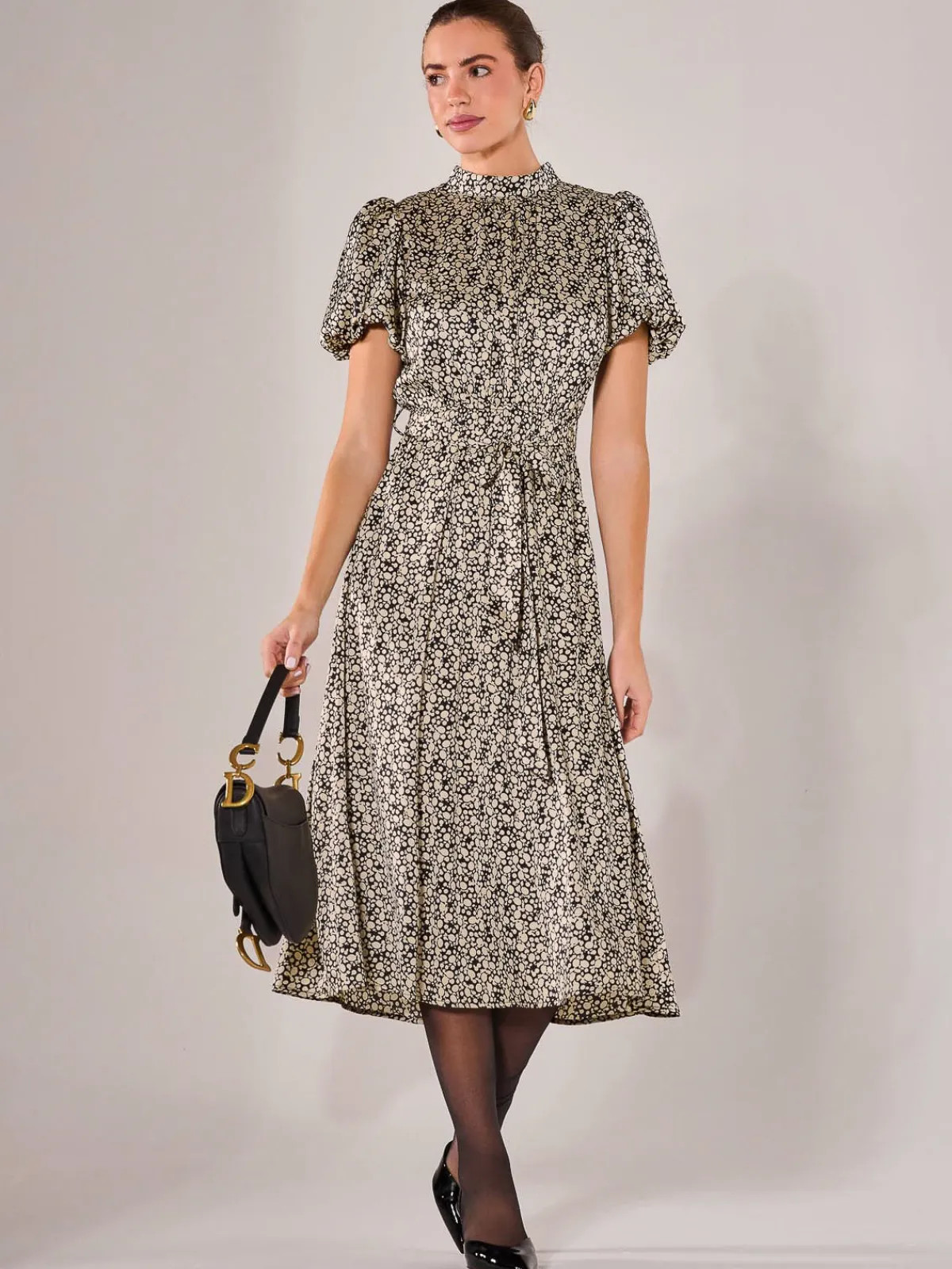 Jolie Moi Office Wear|Midi Dresses-Puff Sleeve Tie Waist Midi Dress, Black Cream