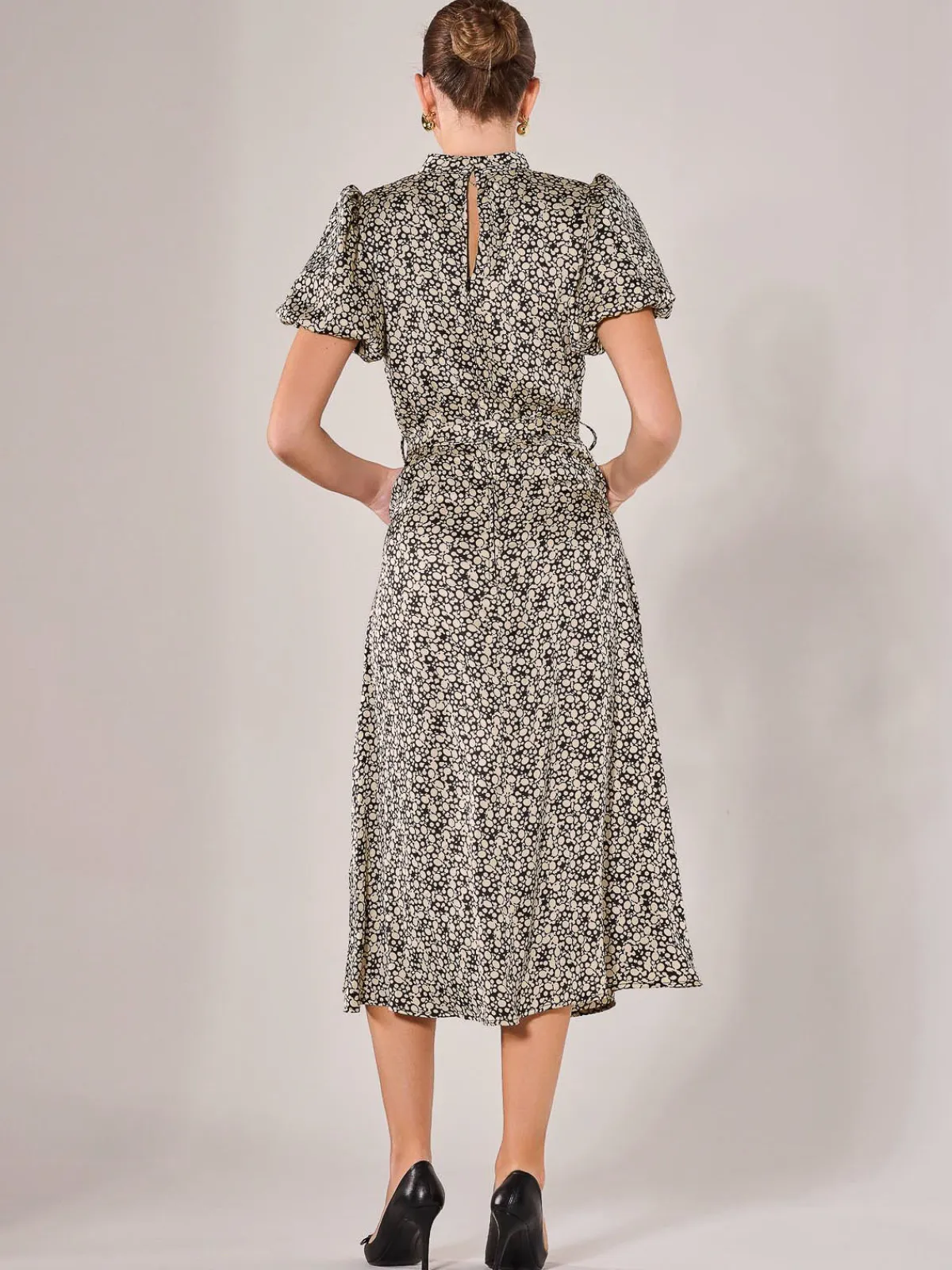 Jolie Moi Office Wear|Midi Dresses-Puff Sleeve Tie Waist Midi Dress, Black Cream