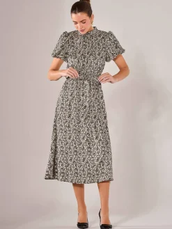 Jolie Moi Office Wear|Midi Dresses-Puff Sleeve Tie Waist Midi Dress, Black Cream