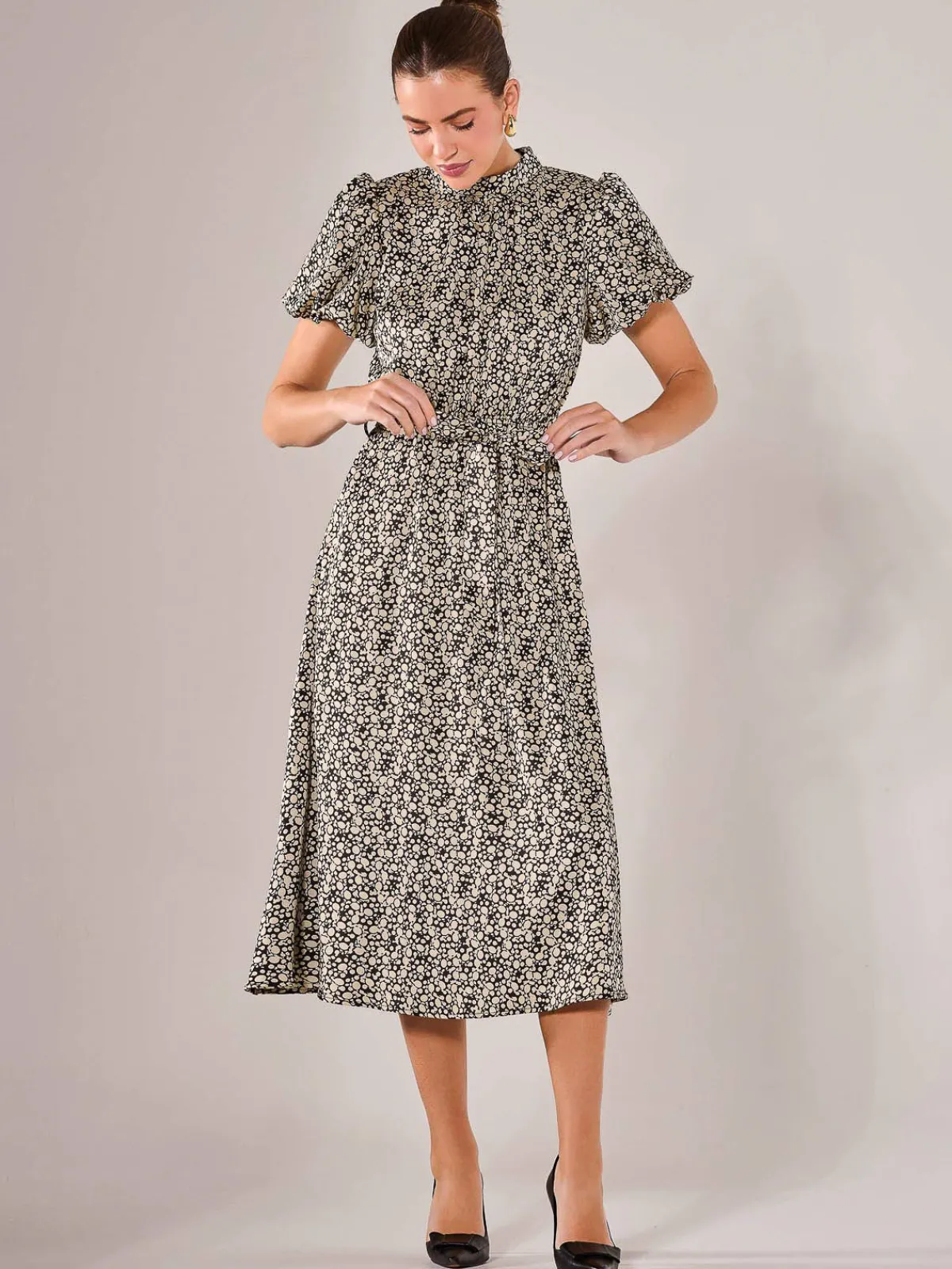 Jolie Moi Office Wear|Midi Dresses-Puff Sleeve Tie Waist Midi Dress, Black Cream