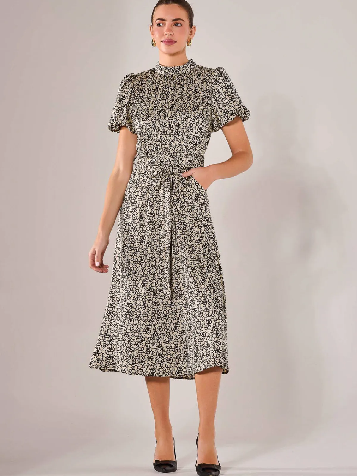 Jolie Moi Office Wear|Midi Dresses-Puff Sleeve Tie Waist Midi Dress, Black Cream