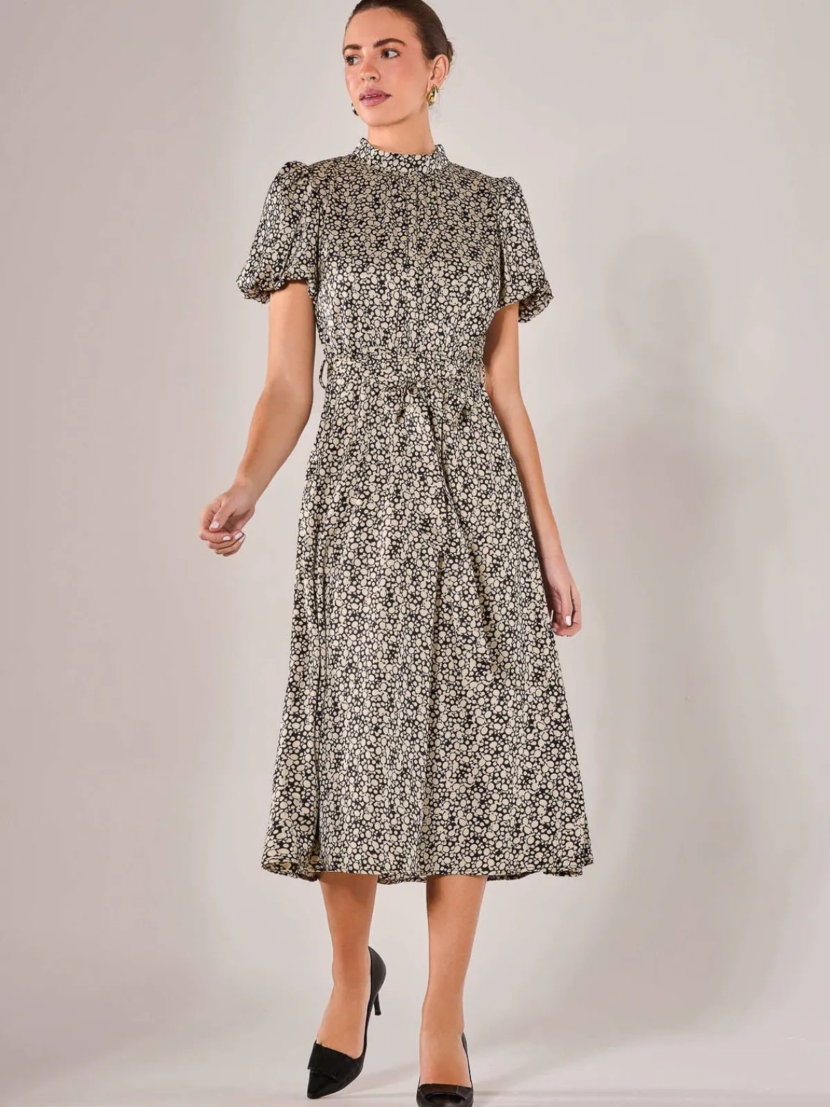 Jolie Moi Office Wear|Midi Dresses-Puff Sleeve Tie Waist Midi Dress, Black Cream