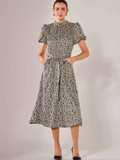 Jolie Moi Office Wear|Midi Dresses-Puff Sleeve Tie Waist Midi Dress, Black Cream