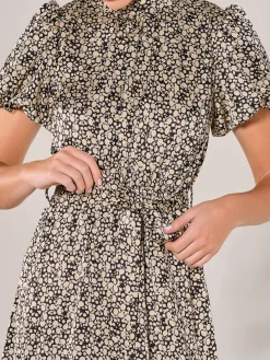 Jolie Moi Office Wear|Midi Dresses-Puff Sleeve Tie Waist Midi Dress, Black Cream