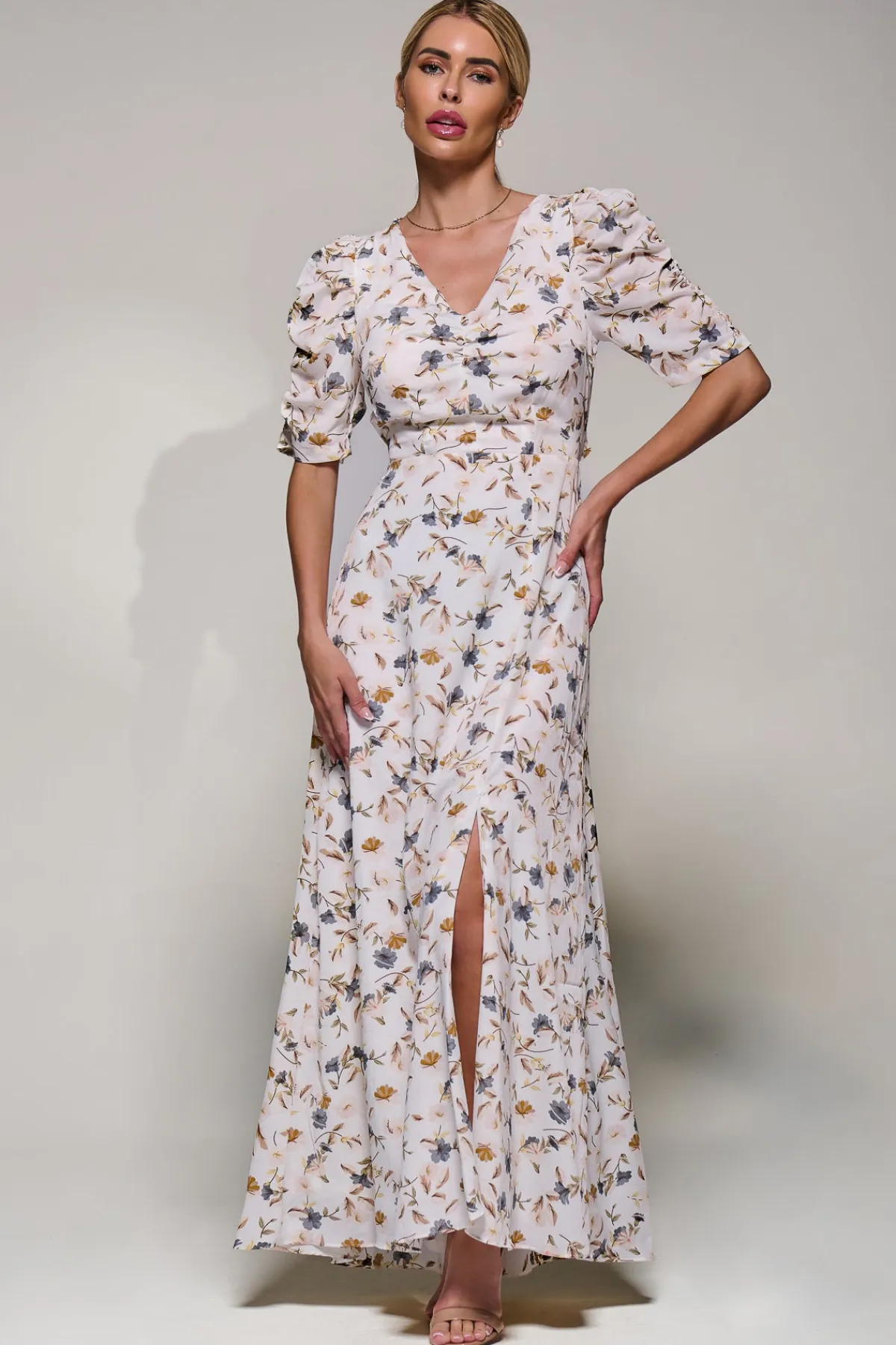 Jolie Moi Occasion Dresses|Maxi Dresses-Puffy Sleeved Maxi Dress, Cream Floral