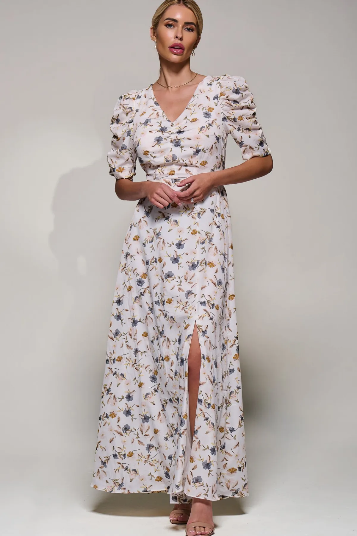 Jolie Moi Occasion Dresses|Maxi Dresses-Puffy Sleeved Maxi Dress, Cream Floral