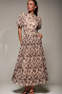 Jolie Moi Occasion Dresses|Mesh Dresses-Puffy Sleeve Printed Mesh Maxi Dress, Brown Abstract