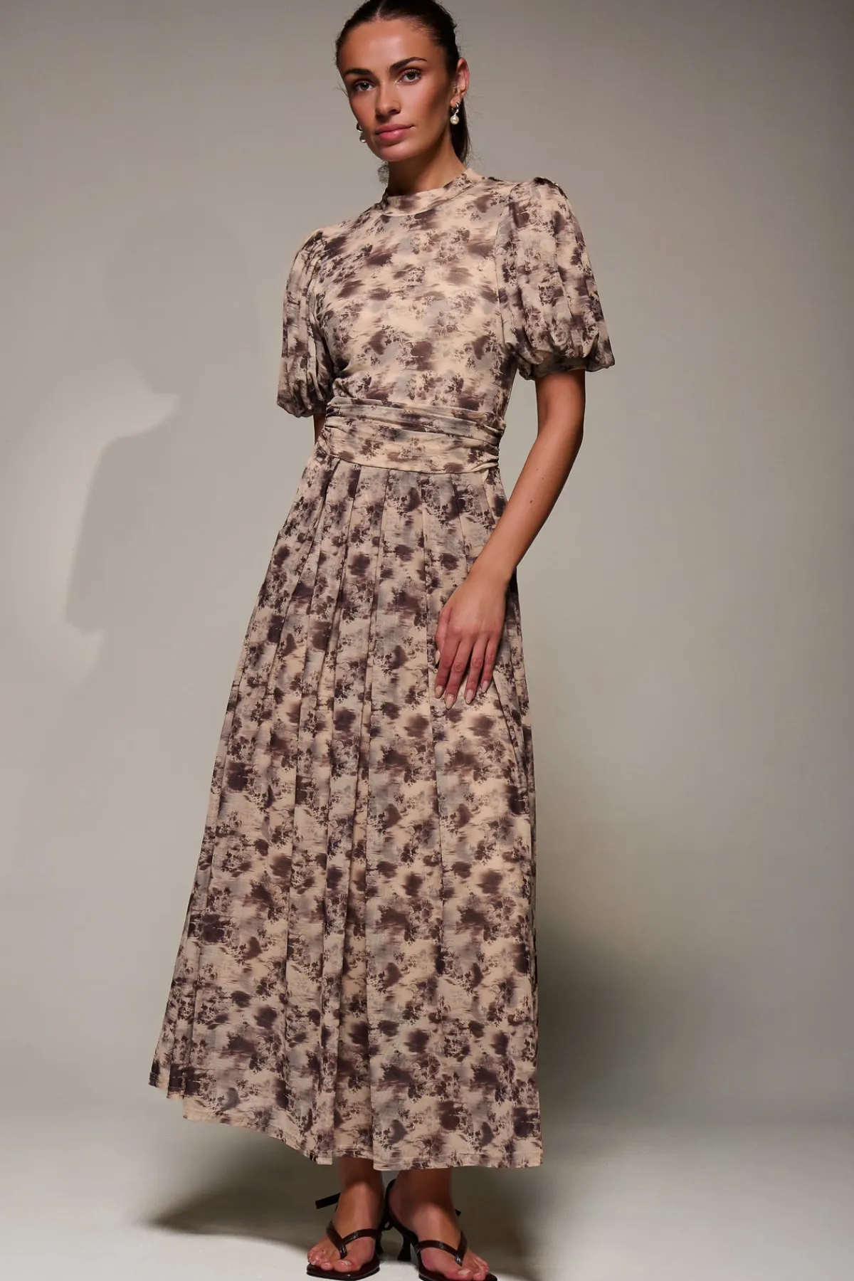 Jolie Moi Occasion Dresses|Mesh Dresses-Puffy Sleeve Printed Mesh Maxi Dress, Brown Abstract