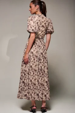 Jolie Moi Occasion Dresses|Mesh Dresses-Puffy Sleeve Printed Mesh Maxi Dress, Brown Abstract