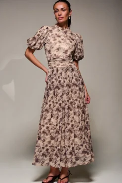 Jolie Moi Occasion Dresses|Mesh Dresses-Puffy Sleeve Printed Mesh Maxi Dress, Brown Abstract