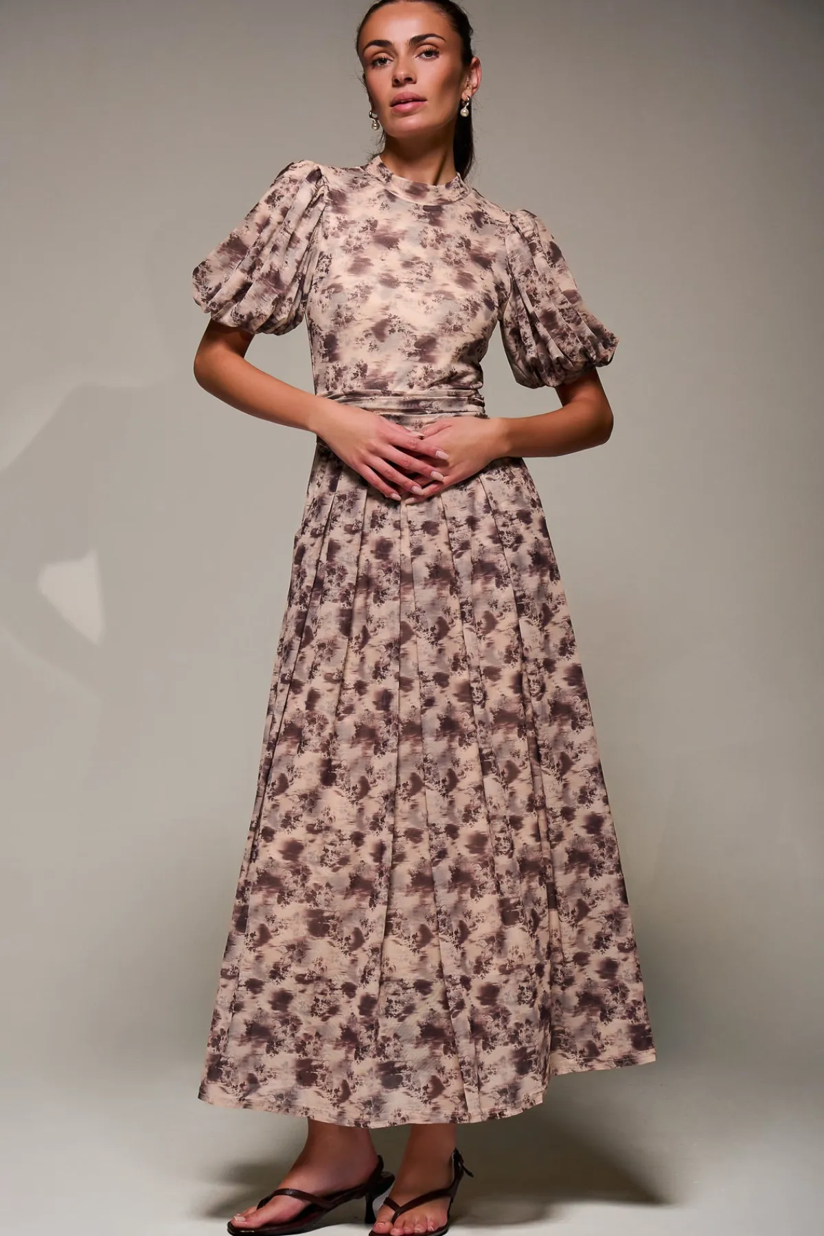 Jolie Moi Occasion Dresses|Mesh Dresses-Puffy Sleeve Printed Mesh Maxi Dress, Brown Abstract