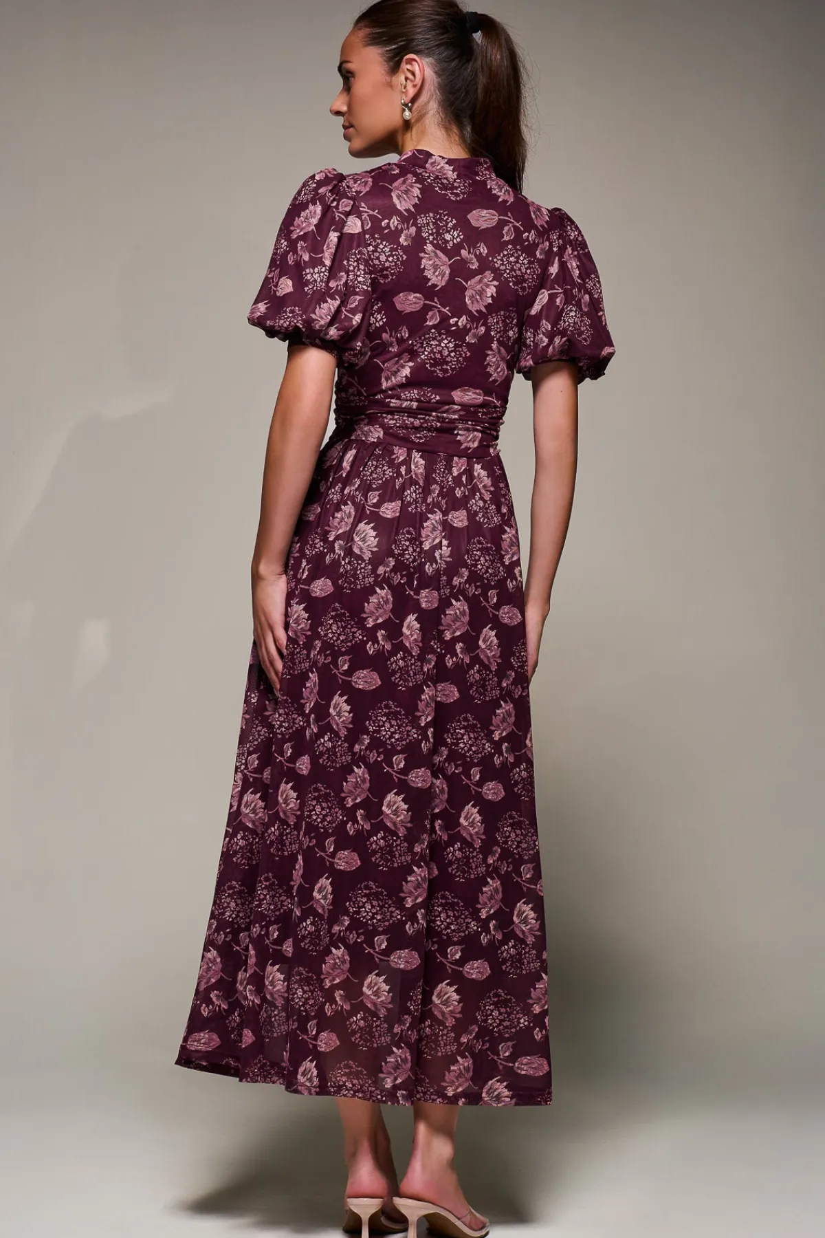 Jolie Moi Occasion Dresses|Mesh Dresses-Puffy Sleeve Printed Mesh Maxi Dress, Burgundy Floral