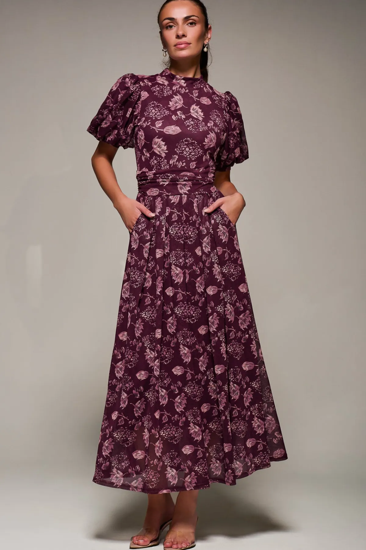 Jolie Moi Occasion Dresses|Mesh Dresses-Puffy Sleeve Printed Mesh Maxi Dress, Burgundy Floral