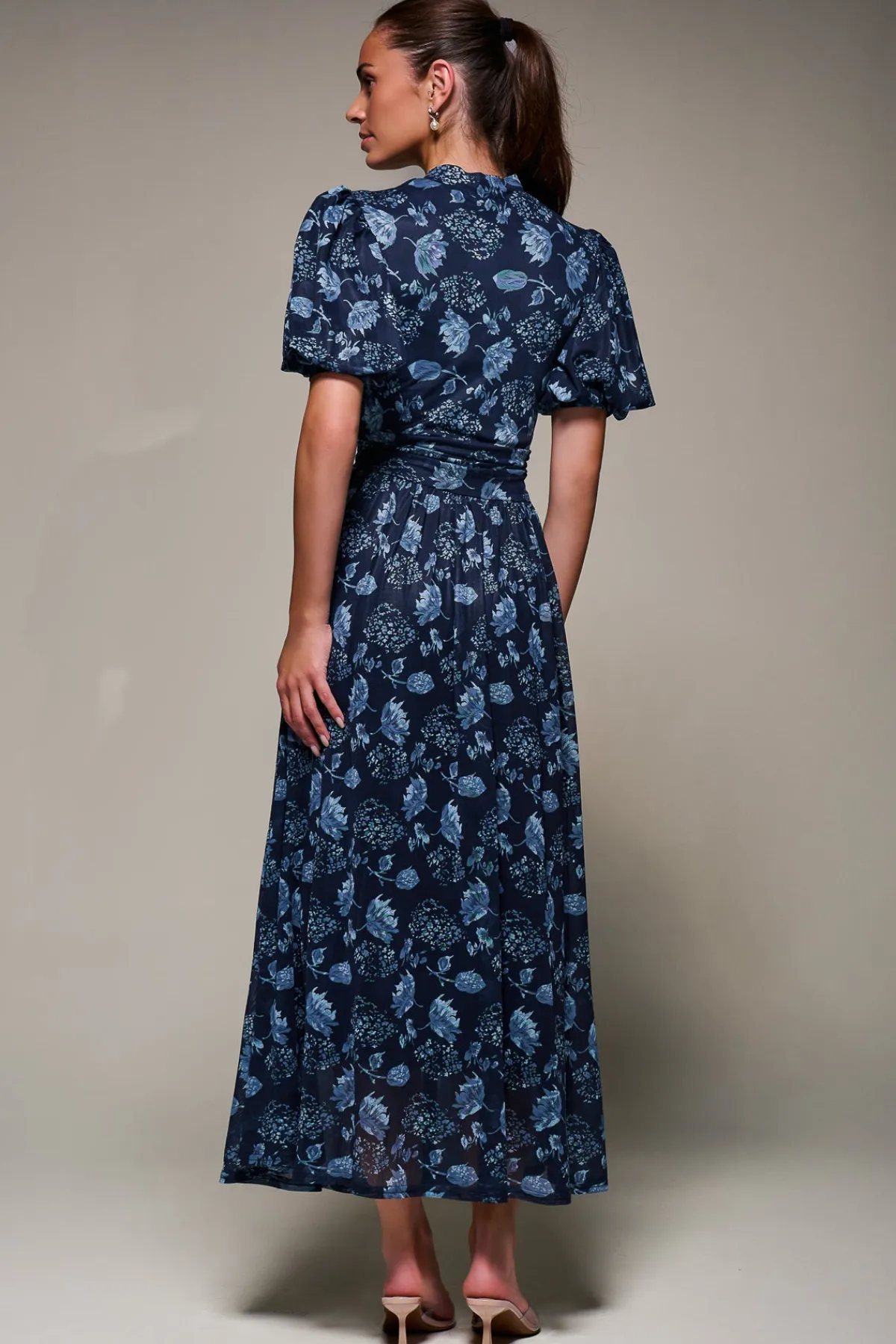 Jolie Moi Occasion Dresses|Mesh Dresses-Puffy Sleeve Printed Mesh Maxi Dress, Navy Floral