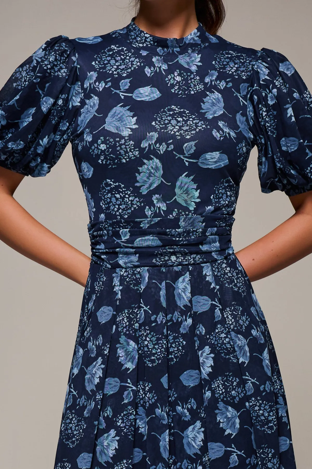 Jolie Moi Occasion Dresses|Mesh Dresses-Puffy Sleeve Printed Mesh Maxi Dress, Navy Floral