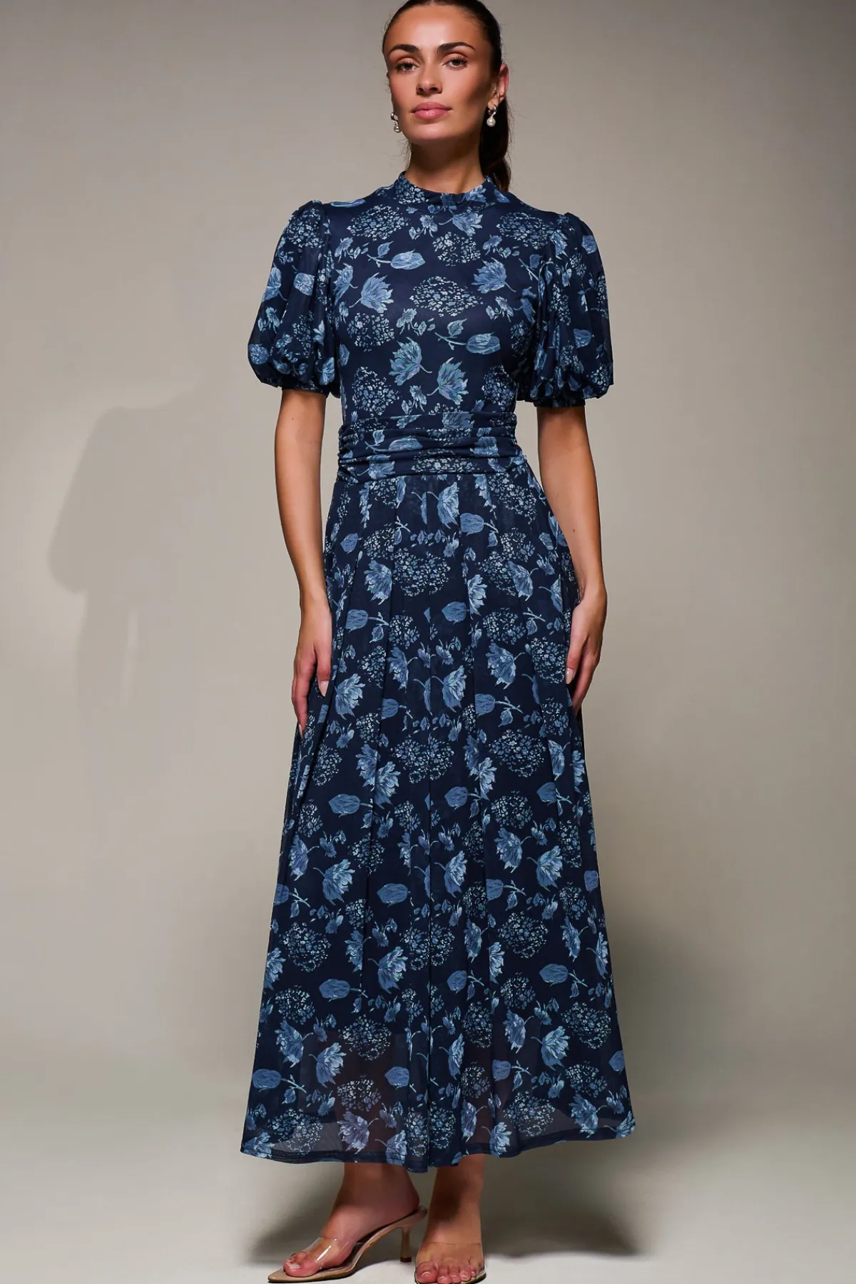 Jolie Moi Occasion Dresses|Mesh Dresses-Puffy Sleeve Printed Mesh Maxi Dress, Navy Floral
