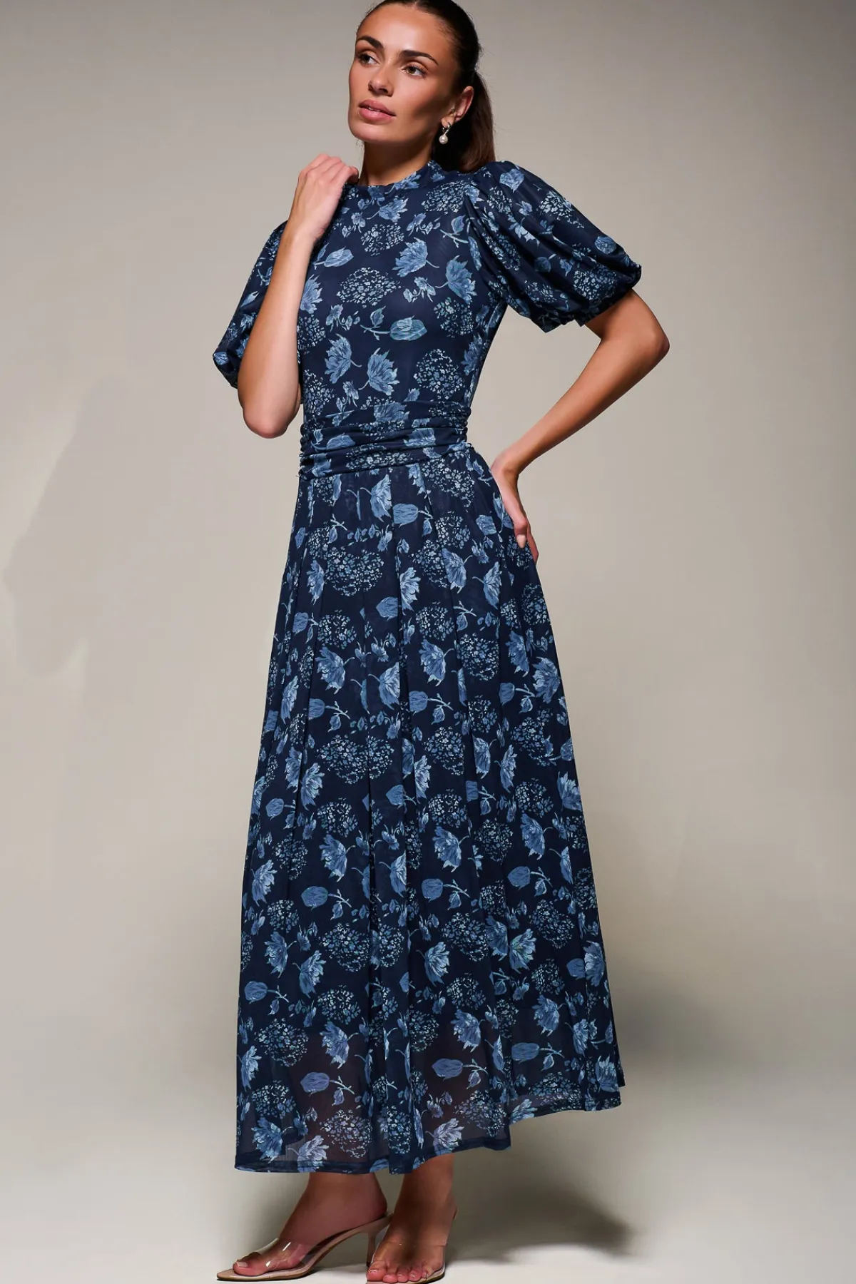 Jolie Moi Occasion Dresses|Mesh Dresses-Puffy Sleeve Printed Mesh Maxi Dress, Navy Floral