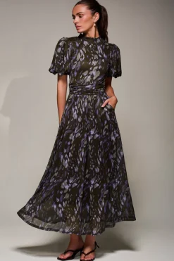 Jolie Moi Occasion Dresses|Mesh Dresses-Puffy Sleeve Printed Mesh Maxi Dress, Purple Abstract