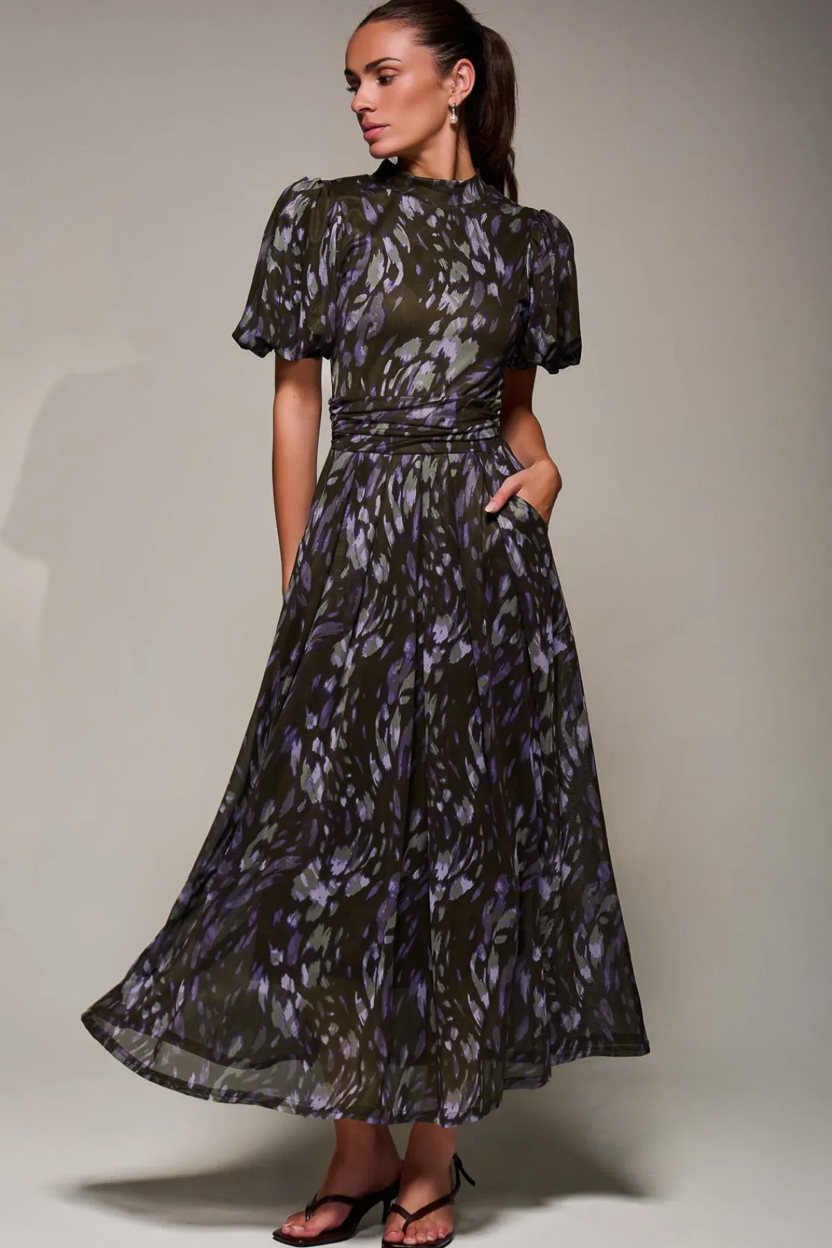 Jolie Moi Occasion Dresses|Mesh Dresses-Puffy Sleeve Printed Mesh Maxi Dress, Purple Abstract