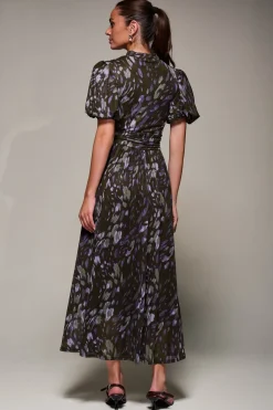 Jolie Moi Occasion Dresses|Mesh Dresses-Puffy Sleeve Printed Mesh Maxi Dress, Purple Abstract