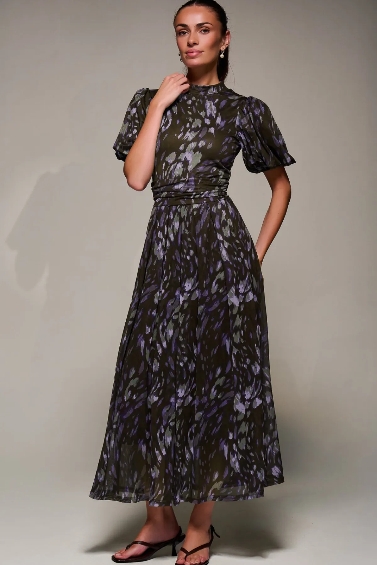 Jolie Moi Occasion Dresses|Mesh Dresses-Puffy Sleeve Printed Mesh Maxi Dress, Purple Abstract