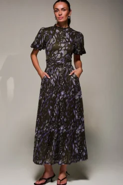 Jolie Moi Occasion Dresses|Mesh Dresses-Puffy Sleeve Printed Mesh Maxi Dress, Purple Abstract