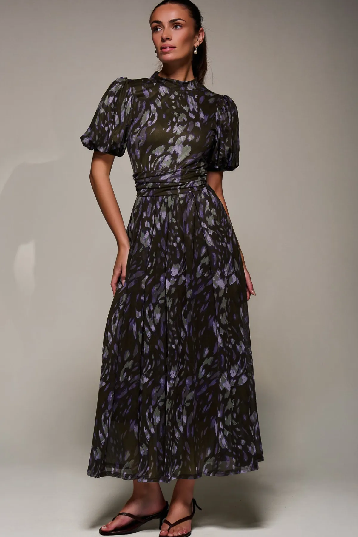 Jolie Moi Occasion Dresses|Mesh Dresses-Puffy Sleeve Printed Mesh Maxi Dress, Purple Abstract