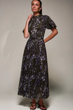Jolie Moi Occasion Dresses|Mesh Dresses-Puffy Sleeve Printed Mesh Maxi Dress, Purple Abstract