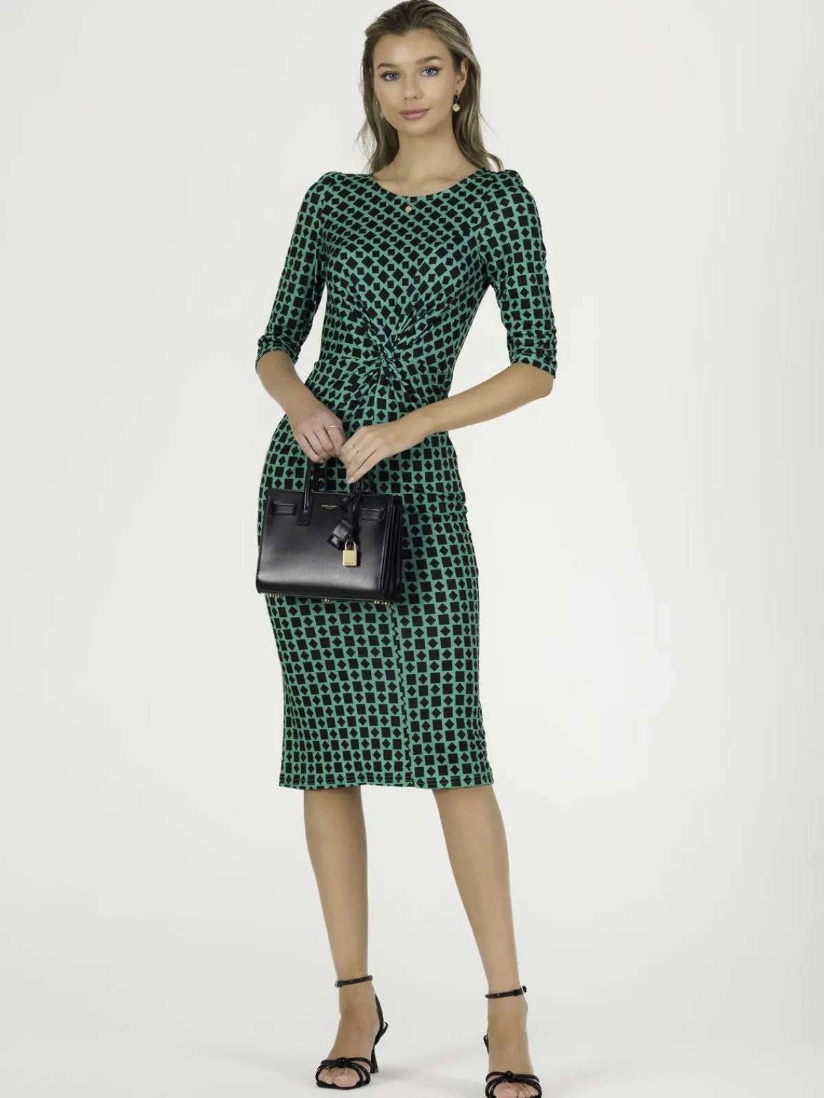 Jolie Moi Occasion Dresses|Jersey Dresses-Qyara Jersey Twist Bodycon Midi Dress, Green Geometric