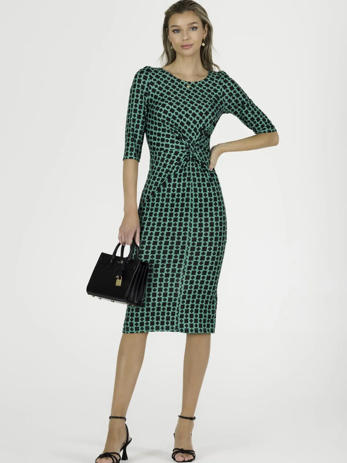 Jolie Moi Occasion Dresses|Jersey Dresses-Qyara Jersey Twist Bodycon Midi Dress, Green Geometric