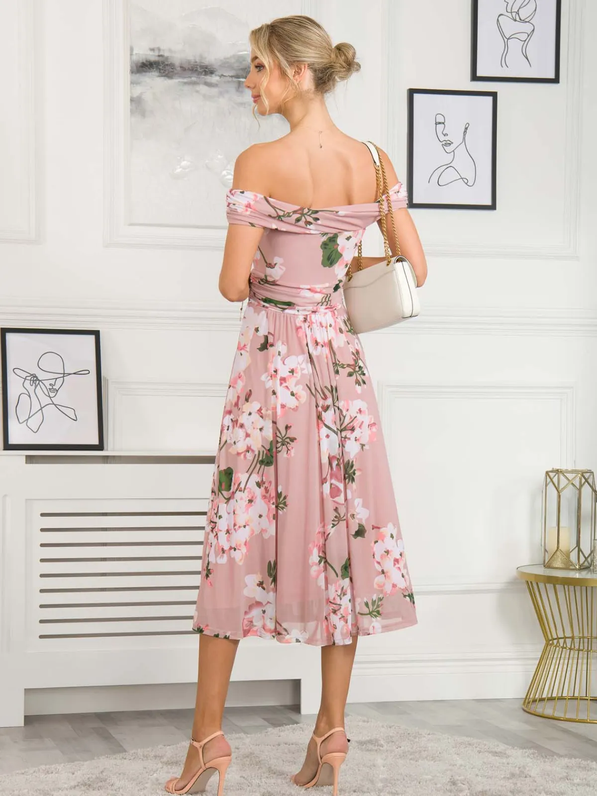 Jolie Moi Occasion Dresses|Floral Dresses-Rawiya Bardot Neck Mesh Dress, Pink Floral
