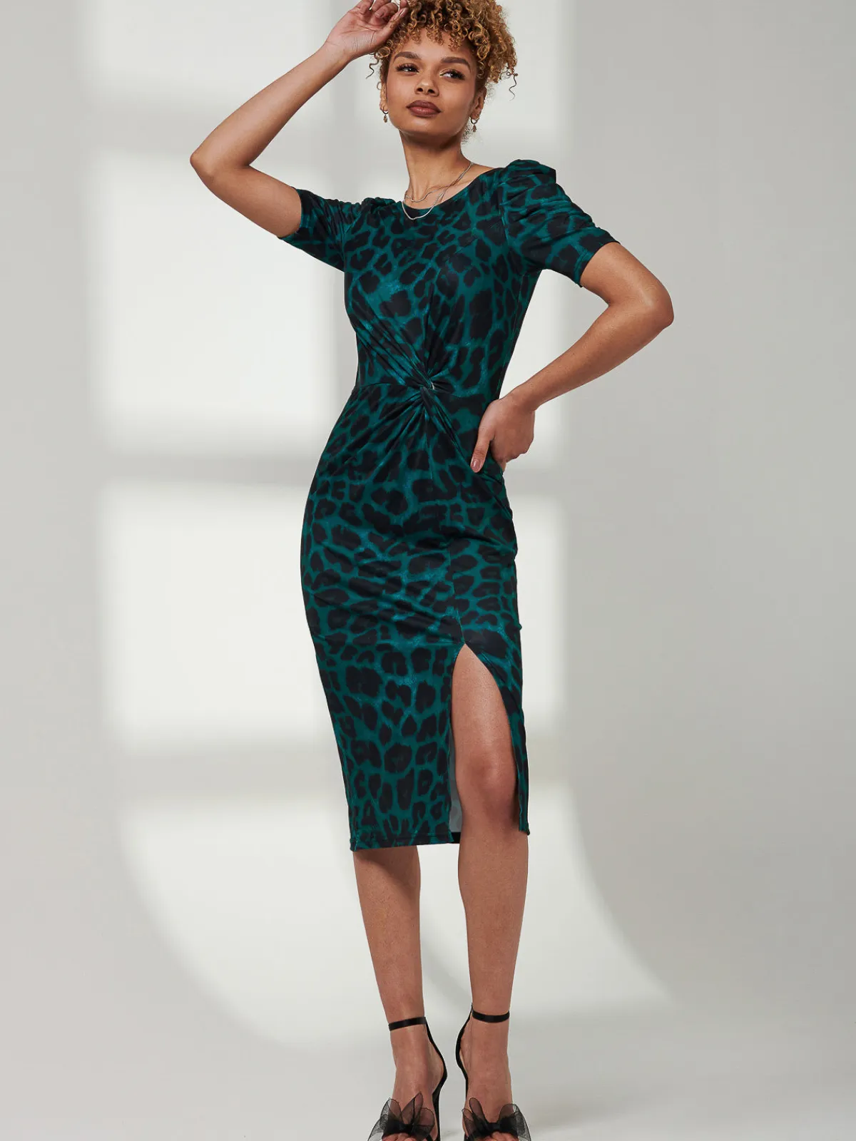 Jolie Moi Occasion Dresses|Jersey Dresses-Ray Ruched Waist Bodycon Midi Dress, Green Animal