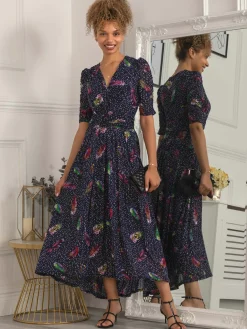 Jolie Moi Occasion Dresses|Mesh Dresses-Ressie Dip Hem Maxi Dress, Navy Feather