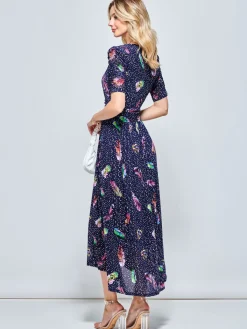Jolie Moi Occasion Dresses|Mesh Dresses-Ressie Dip Hem Maxi Dress, Navy Feather