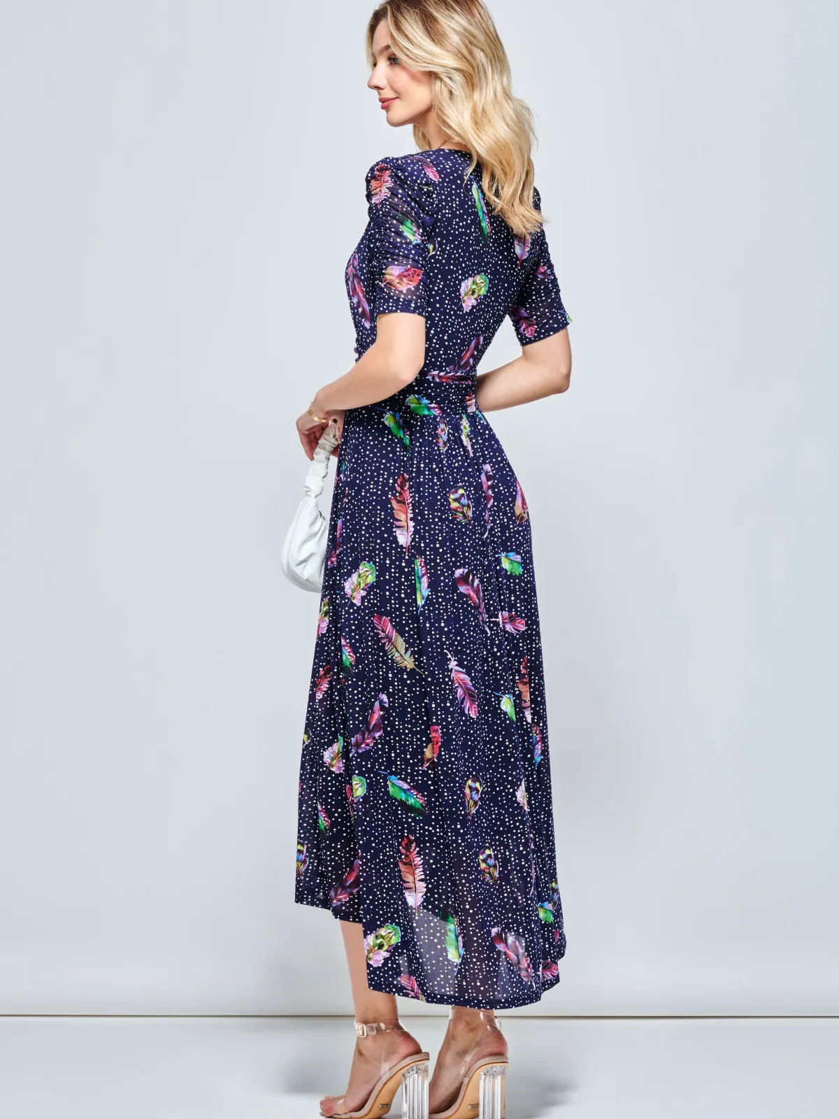 Jolie Moi Occasion Dresses|Mesh Dresses-Ressie Dip Hem Maxi Dress, Navy Feather